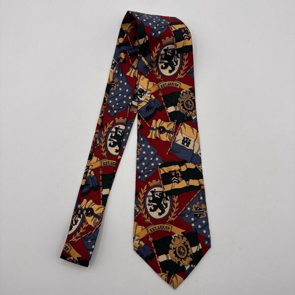 Vintage Tommy Hilfiger Men's Tie 100% Italian Silk USA Made Flags Crest Logo Red - Picture 4 of 8